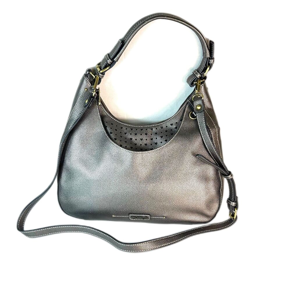 Chala Metallic Pewter Faux Leather Heart Cut-Out Hobo Shoulder Crossbody Bag - Picture 2 of 12